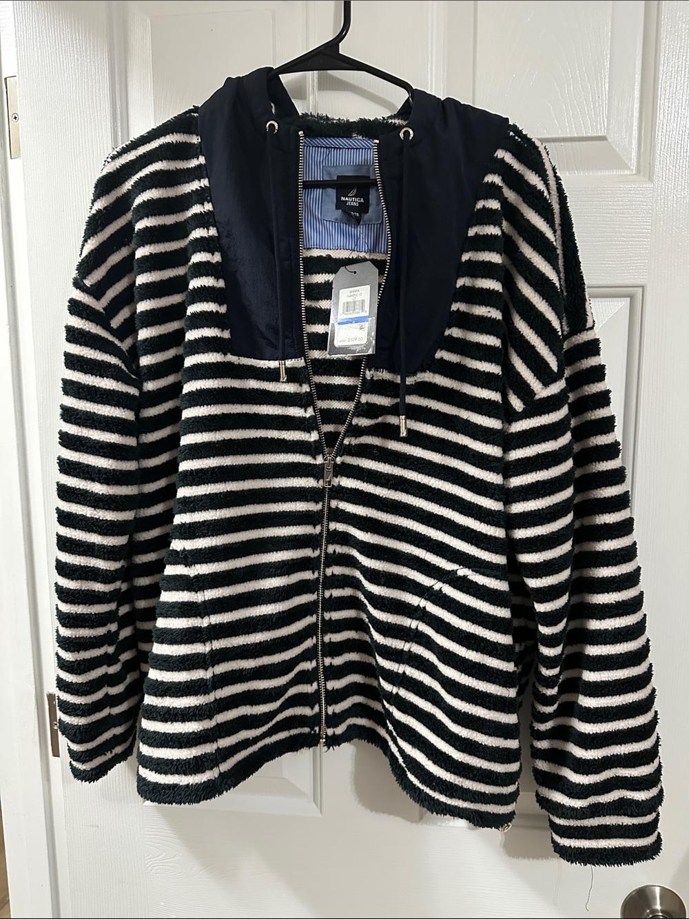 Nautica Navy and White Striped Hooded Zip Jacket